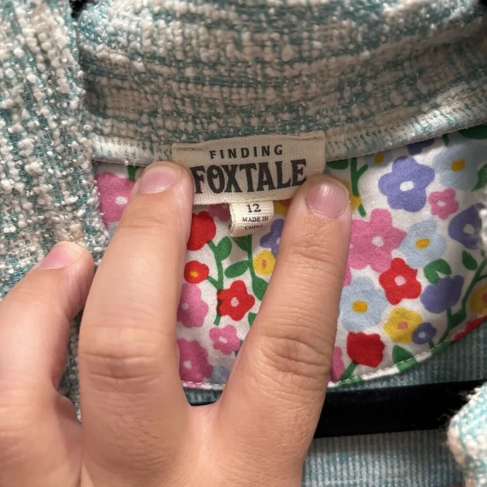 Finding Foxtale Girls Sz 12 Light Blue Twee Knit Jacket Pink Buttons Cropped
